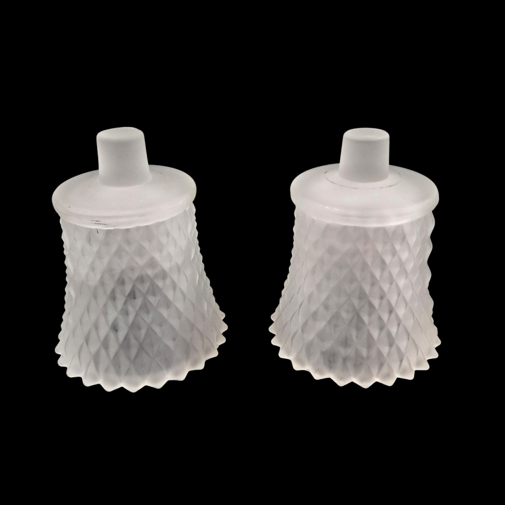 Vintage White Frosted Candle Votive Holders Diamond Cut Peg End 3 3/4" Set Of 2 - Picture 2 of 7